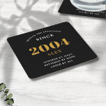 21st Birthday Name 2004 Black Gold Elegant Chic Square Paper Coaster<br><div class="desc">Premium 21st Birthday Black and Gold Personalized Paper Coasters - Celebration Elegance. Celebrate a milestone birthday in style with our chic, premium-quality, 21st Birthday paper coasters. Exquisitely designed with a striking black and gold colour scheme, these coasters add a touch of luxury and sophistication to any 21st birthday bash. Express...</div>