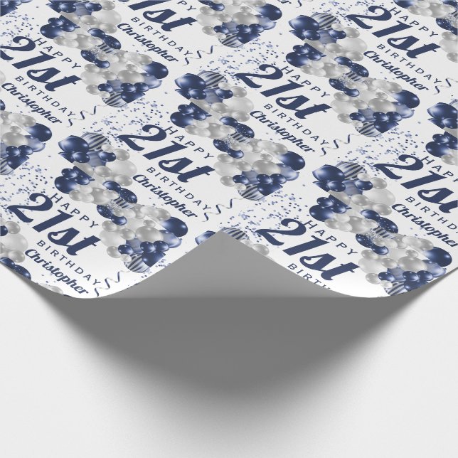 21st Birthday Navy Balloons Wrapping Paper (Corner)