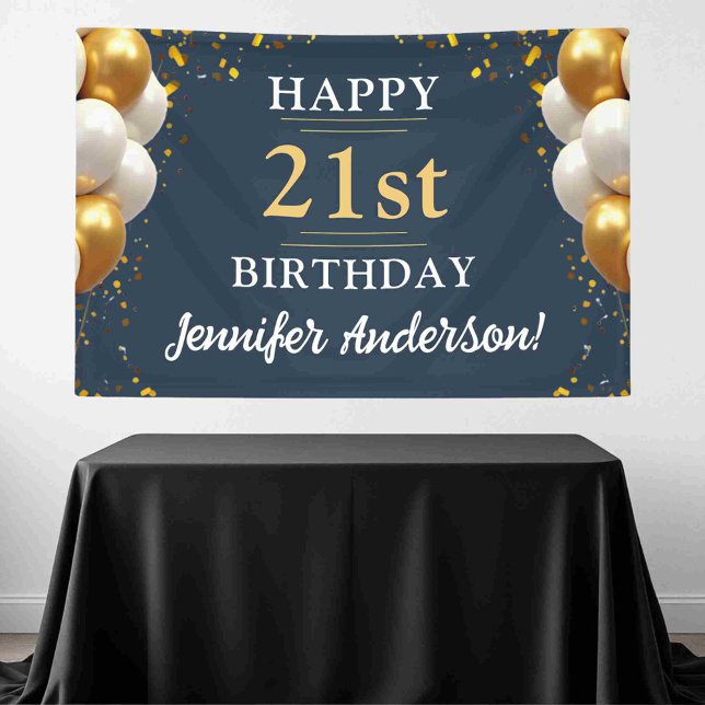 21st Birthday Navy Blue and Gold Celebration Banner (Creator Uploaded)