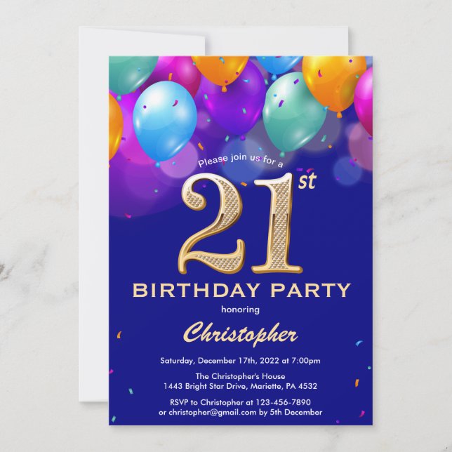 21st Birthday Navy Blue and Gold Colourful Balloon Invitation (Front)