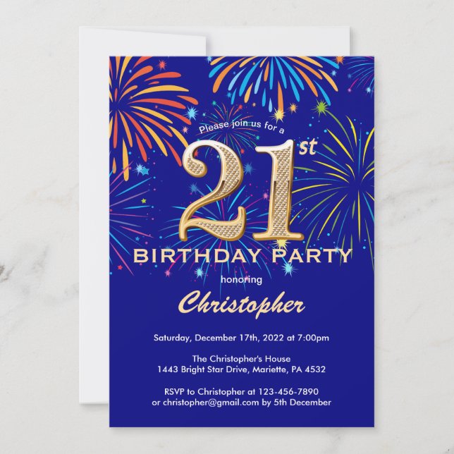 21st Birthday Navy Blue and Gold Rainbow Fireworks Invitation (Front)