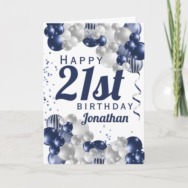 21st Birthday Navy Blue Balloons Card (Front)