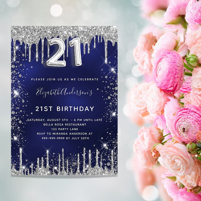 21st birthday navy blue silver glitter dust glam invitation (Creator Uploaded)