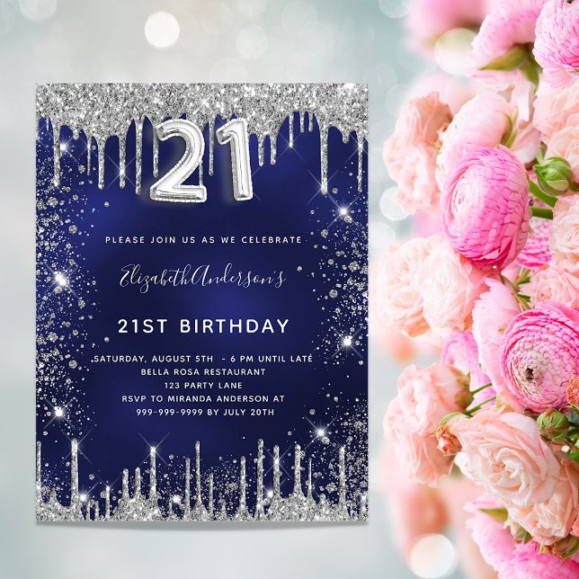 21st birthday navy blue silver glitter dust glam invitation postcard (Creator Uploaded)