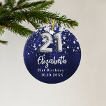 21st birthday navy blue silver stars ceramic ornament<br><div class="desc">A navy blue background colour with faux silver stars. The blue colour is uneven.  Add your name,  text/date</div>