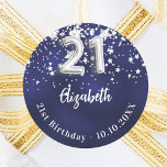 21st birthday navy blue silver stars classic round sticker<br><div class="desc">A sticker for a 21st birthday party. A navy blue background colour with faux silver stars. The blue colour is uneven.  Add your name,  text.</div>