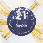 21st birthday navy blue silver stars classic round sticker<br><div class="desc">A sticker for a 21st birthday celebration. A navy blue background colour with faux silver stars. The blue colour is uneven.  Add your name,  text. Text: Thank you for celebrating with me!</div>