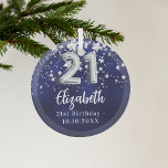 21st birthday navy blue silver stars glass ornament<br><div class="desc">A navy blue background colour with faux silver stars. The blue colour is uneven.  Add your name,  text/date</div>