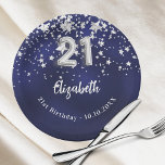 21st Birthday navy blue silver stars Paper Plate<br><div class="desc">For a 21st birthday celebration. A navy blue background colour with faux silver stars. The blue colour is uneven.  Add your name,  text.</div>