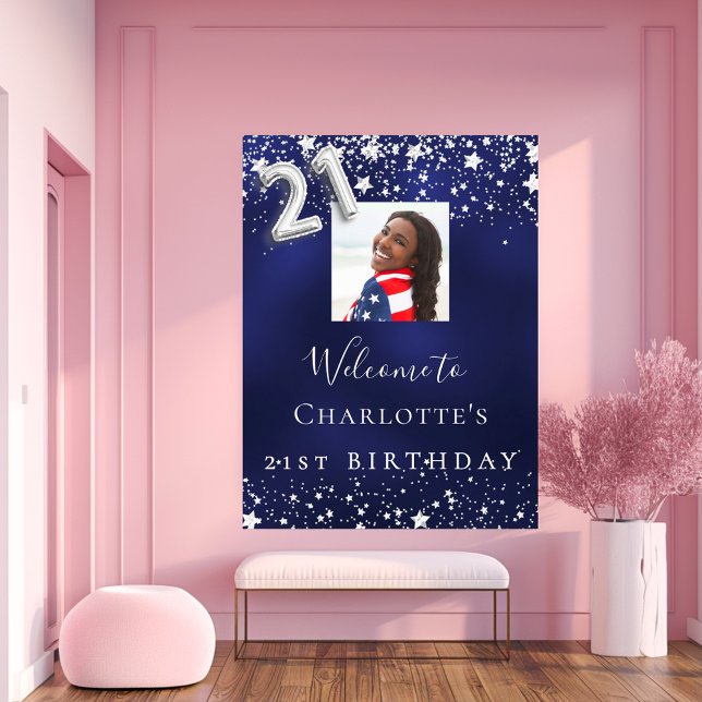 21st birthday navy blue silver stars photo welcome poster (Creator Uploaded)