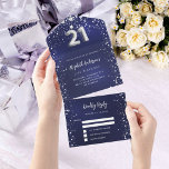 21st Birthday navy blue silver stars rsvp All In One Invitation<br><div class="desc">A navy blue background,  decorated with stars. The blue colour is uneven.  Personalize and add names,  party details,  RSVP date,  return address and name.  Number 21 is written with a balloon style font.</div>