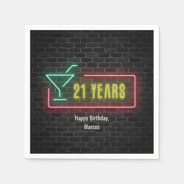 21st birthday Neon Sign on brick wall Napkin (Front)