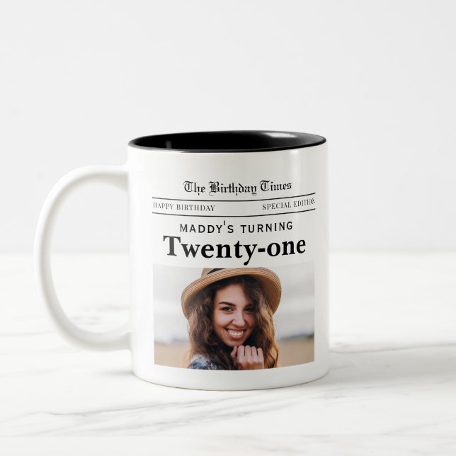 21st Birthday Newspaper Two-Tone Coffee Mug (Left)