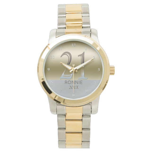 21st Birthday | Number 21 Gold Silver Metal Look Watch (Front)