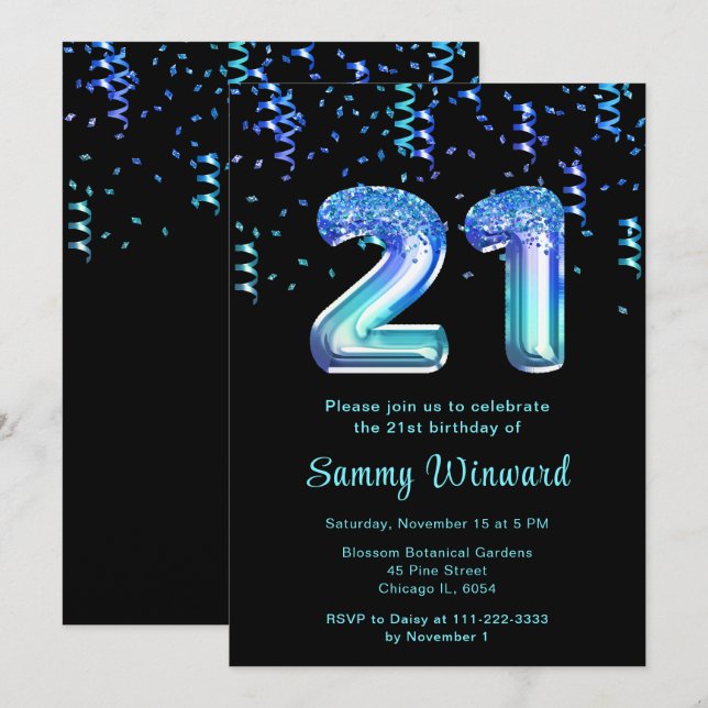 21st Birthday Ocean Balloons with Confetti Invitation (Front/Back)