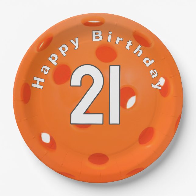 21st Birthday Orange Pickleball Paper Plate (Front)