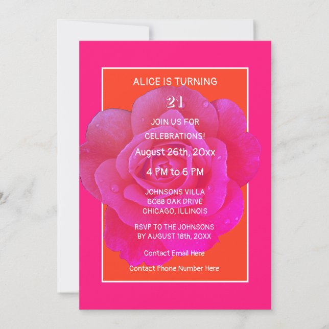 21st Birthday Orange Pink Rose Floral Modern Cute Invitation (Front)