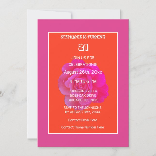 21st Birthday Orange Pink Rose Floral Simple Cute Invitation (Front)
