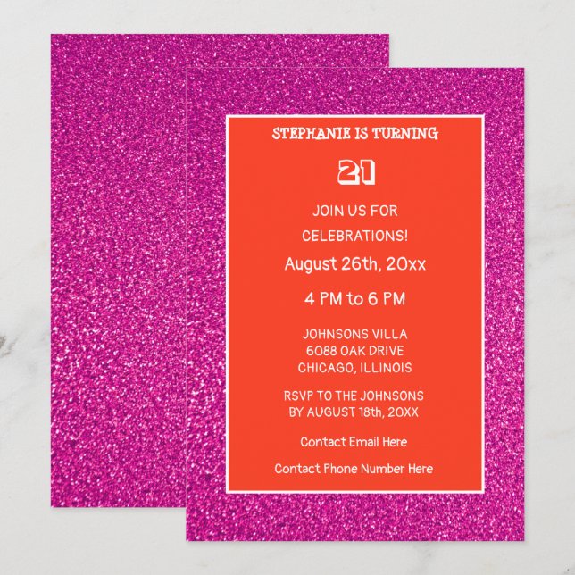 21st Birthday Orange Pink Rose Gold Glitter Modern Invitation (Front/Back)