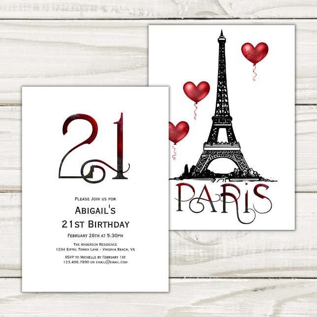 21st Birthday Paris, Eiffel Tower, Red Balloons Invitation (Creator Uploaded)