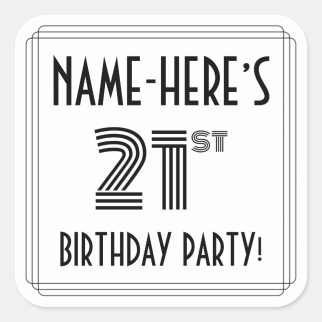 21st Birthday Party: Art Deco Style + Custom Name Square Sticker (Front)