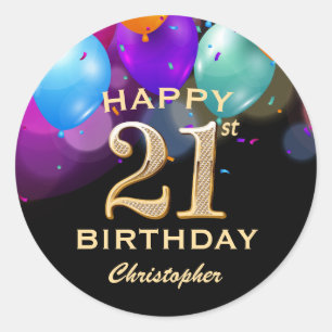 21st Birthday Party Black and Gold Balloons Classic Round Sticker