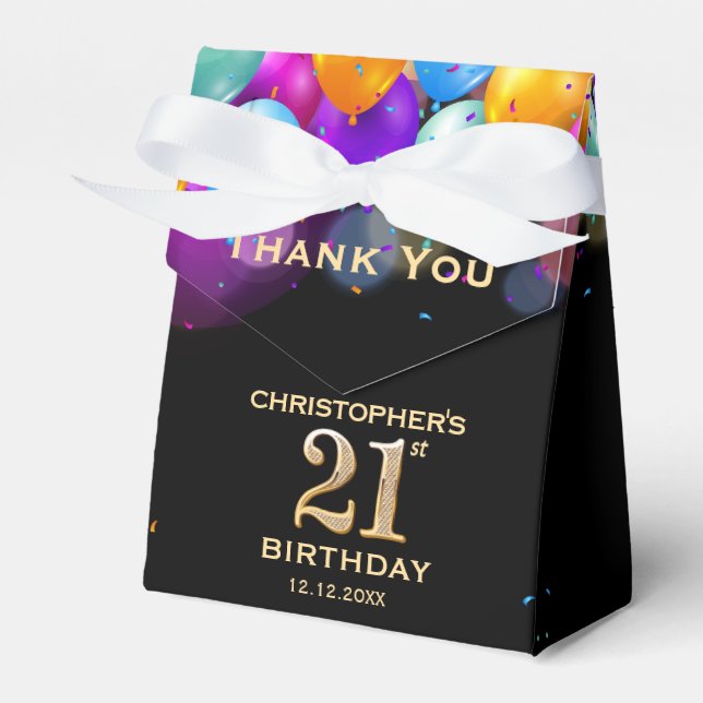 21st Birthday Party Black and Gold Balloons Favor Box (Front Side)