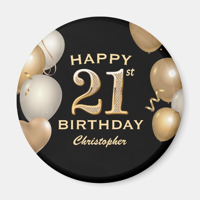 21st Birthday Party Black and Gold Balloons Magnet (Front)
