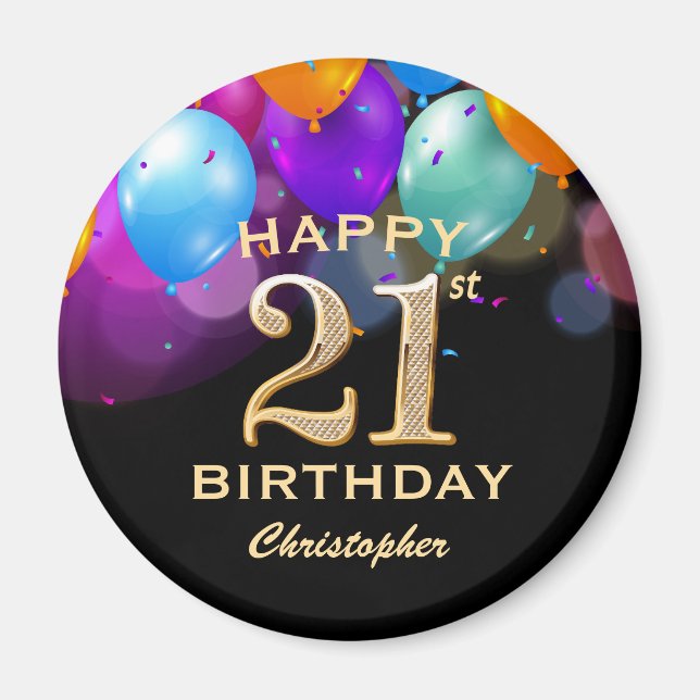 21st Birthday Party Black and Gold Balloons Magnet (Front)