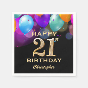 21st Birthday Party Black and Gold Balloons Napkin