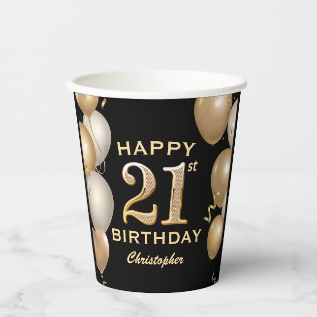 21st Birthday Party Black and Gold Balloons Paper Cups (Front)