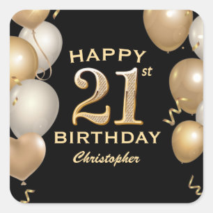 21st Birthday Party Black and Gold Balloons Square Sticker