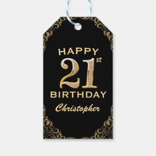 21st Birthday Party Black and Gold Glitter Frame Gift Tags