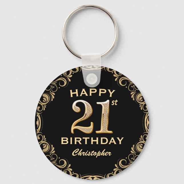21st Birthday Party Black and Gold Glitter Frame Keychain (Front)