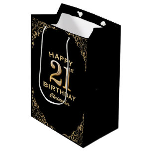 21st Birthday Party Black and Gold Glitter Frame Medium Gift Bag
