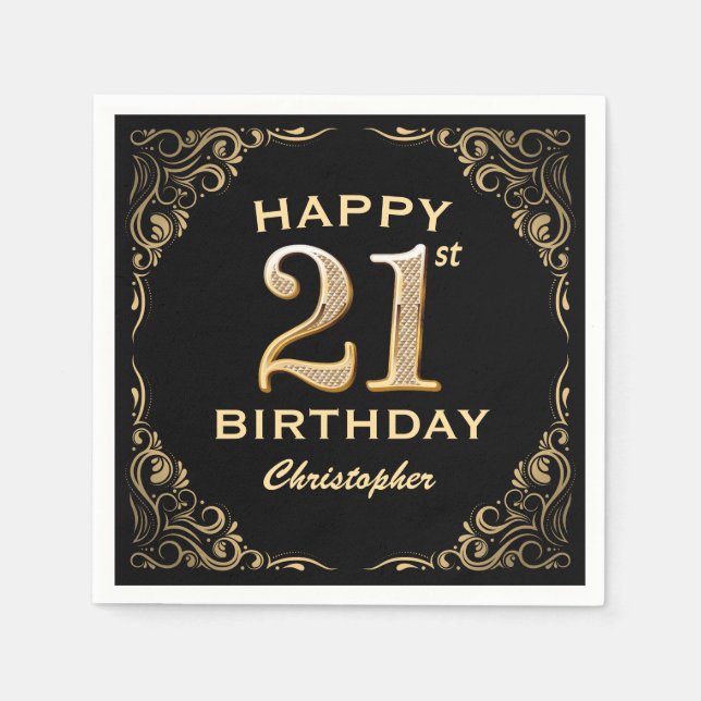 21st Birthday Party Black and Gold Glitter Frame Napkin (Front)