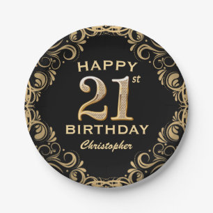 21st Birthday Party Black and Gold Glitter Frame Paper Plate