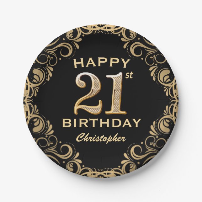 21st Birthday Party Black and Gold Glitter Frame Paper Plate (Front)