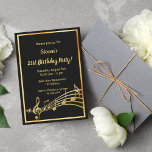 21st birthday party black and gold music notes invitation<br><div class="desc">Let's party and dance! A trendy,  modern 21st birthday party invitation card for both men and women.  A classic black background,  with faux gold  frame and music notes,  golden coloured letters. Templates for your party information.  Back: Black colour faux gold music notes.</div>