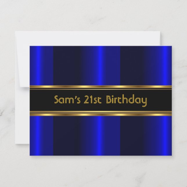 21st Birthday Party Black Cobalt Blue Gold Mans Invitation (Front)