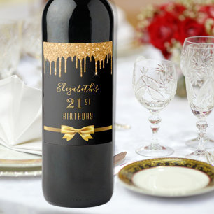21st birthday party black gold bow glitter drip wine label