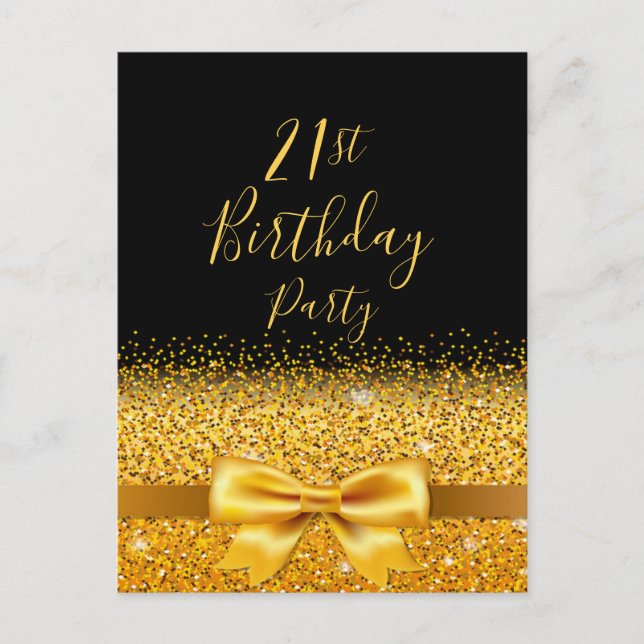 21st birthday party black gold bow invitation postcard (Front)