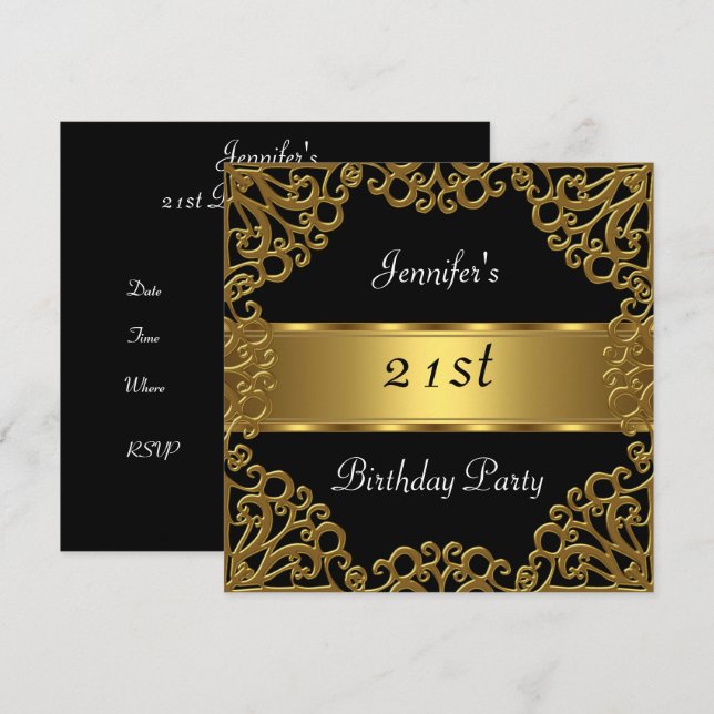 21st birthday Party Black Gold Invitation (Front/Back)