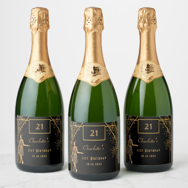 21st Birthday party black gold retro art deco Sparkling Wine Label (Bottles)
