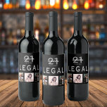 21st birthday party black legal photo collage wine label<br><div class="desc">A bottle label for a 21st birthday party, celebrating her life with a collage of 3 of your photos. Personalize and add a name, age 21 and a date. Date of birth or the date of the party. White and gray colored letters. The text: Legal. Elegant, classic chic black background...</div>