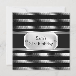 21st Birthday Party Black Metal Silver Mans Mens Invitation