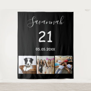 21st birthday party black name photo tapestry