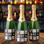 21st birthday party black photo collage sparkling wine label<br><div class="desc">A bottle label for a 21st birthday party,  celebrating her life with a collage of 8 of your photos.  Templates for a name,  age 21 and a date.  Date of birth or the date of the party.  White and grey coloured letters.  Elegant black background colour.</div>