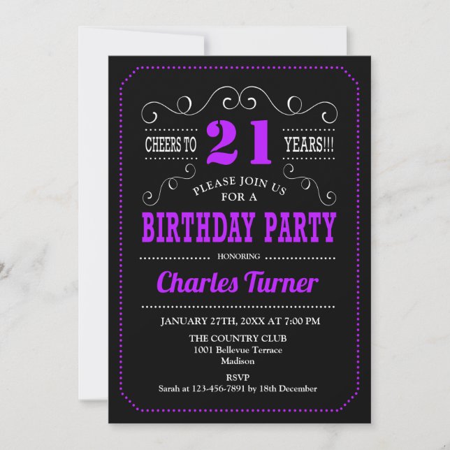 21st Birthday Party - Black Purple Invitation (Front)