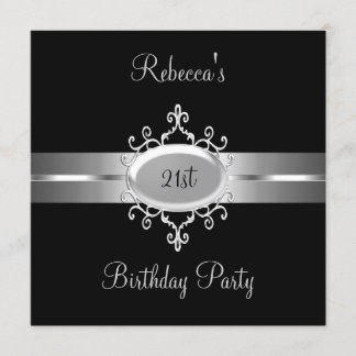 21st Birthday Party Black Silver Invitation